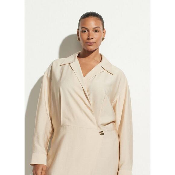 NEW VInce Plus Size Extended Shaped Collar Long Sleeve Wrap Dress Beige Size 22 - Picture 2 of 7